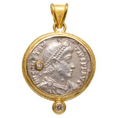 Ancient Roman 4th Century AD Constantius II Coin Diamonds 18K Gold Pendant 