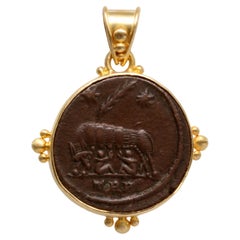 Ancient Roman 4th Century AD Romulus And Remus Coin 18K Gold Pendant