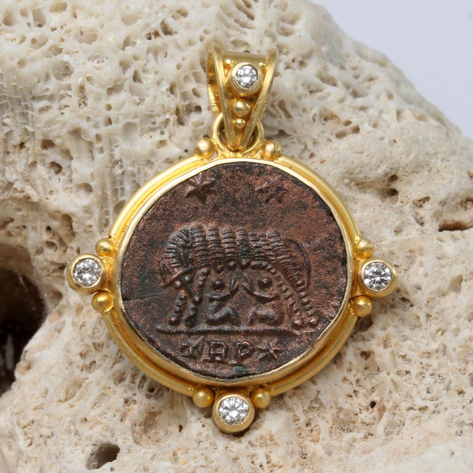 An authentic bronze coin from ancient Rome 330-340 AD, minted during the realm of the emperor Constantine I, depicts the mythical founding legend of Rome by the abandoned twins Romulus and Remus, who were saved and then mothered by a she-wolf.  The