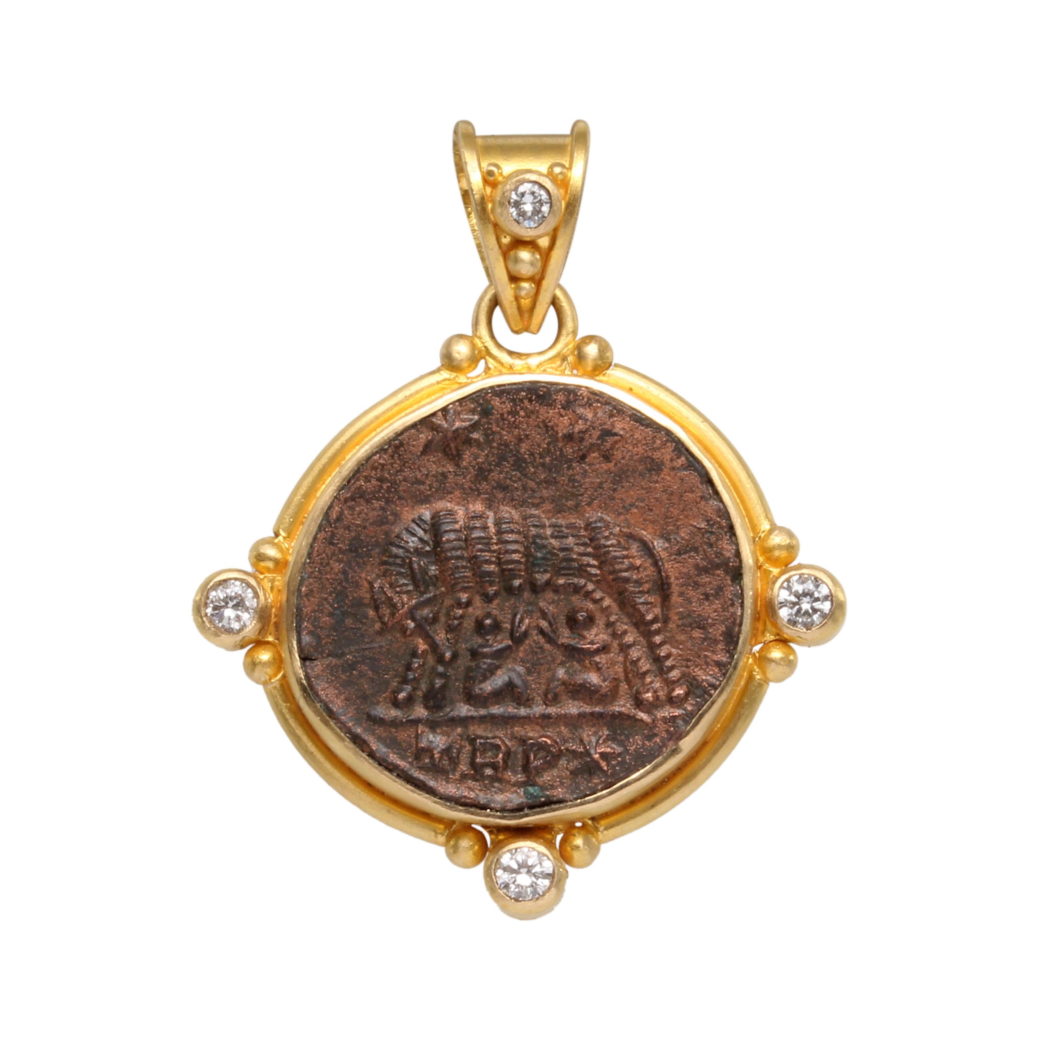 Rose Cut Ancient Roman 4th Century AD Romulus/Remus Coin Diamonds 18K Gold Pendant For Sale