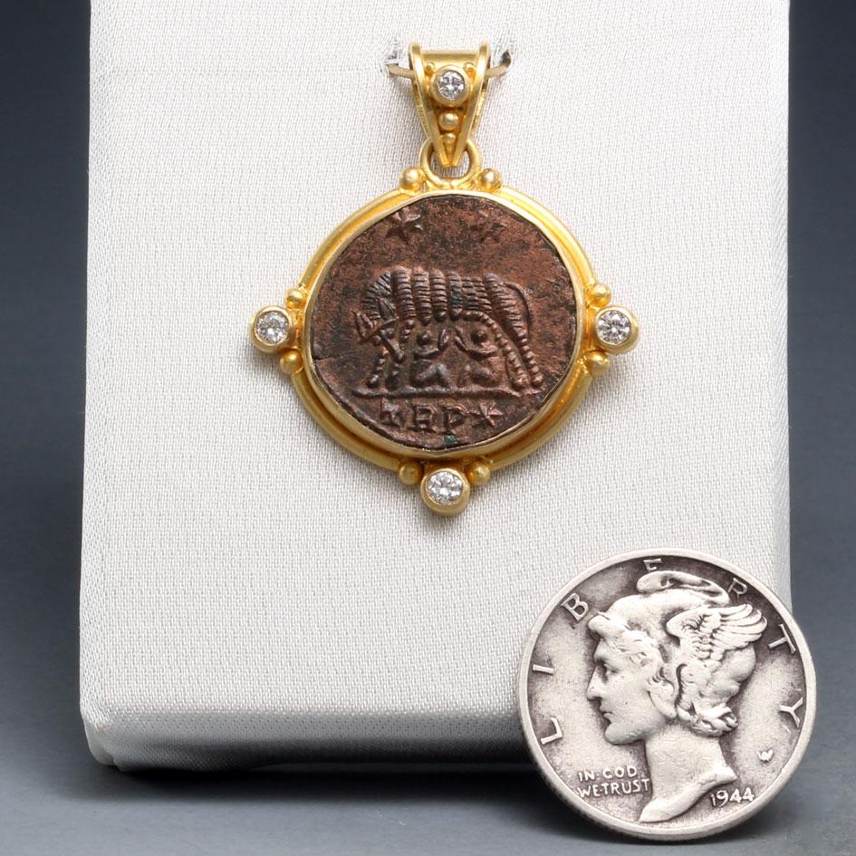 Ancient Roman 4th Century AD Romulus/Remus Coin Diamonds 18K Gold Pendant In New Condition For Sale In Soquel, CA