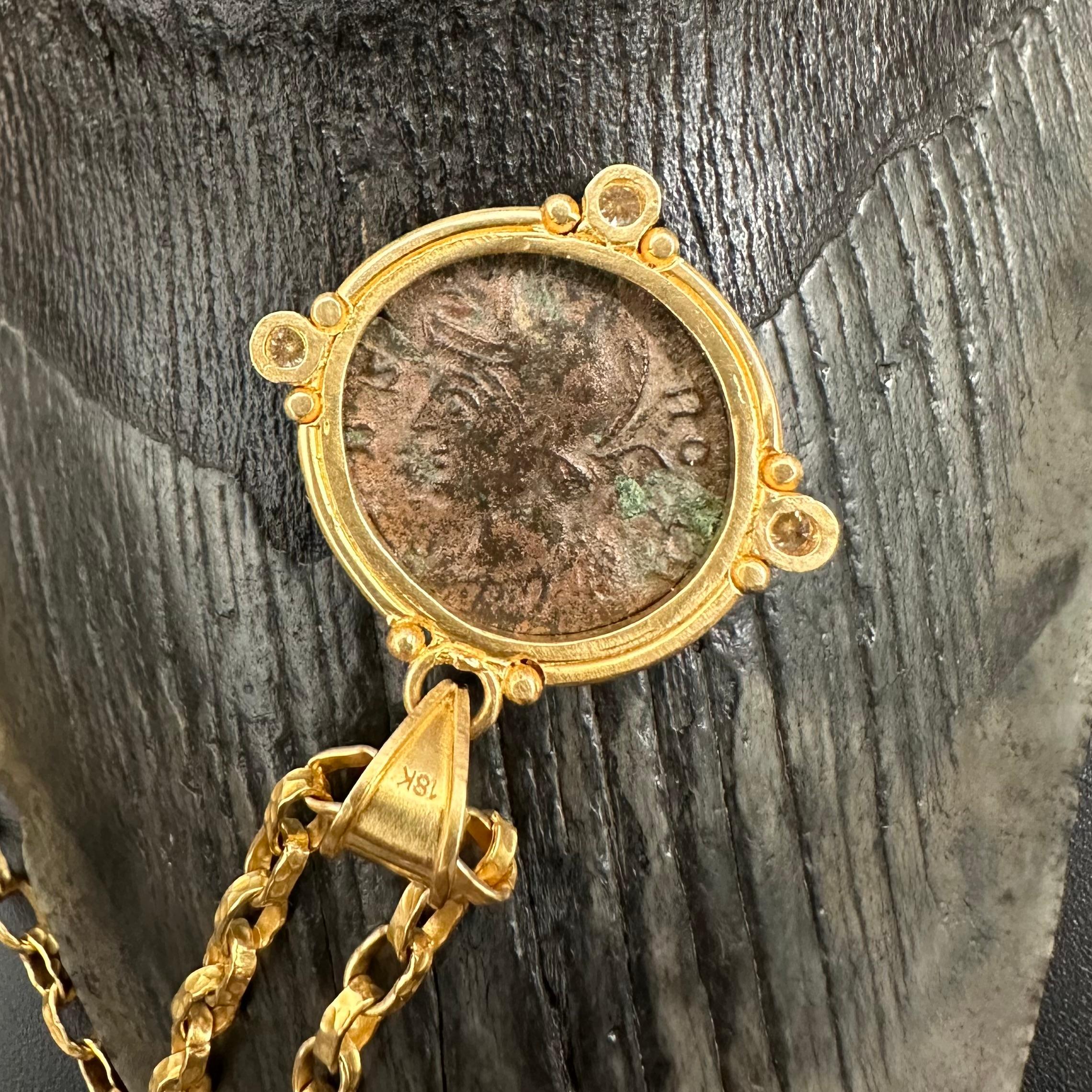 Ancient Roman 4th Century AD Romulus/Remus Coin Diamonds 18K Gold Pendant For Sale 3