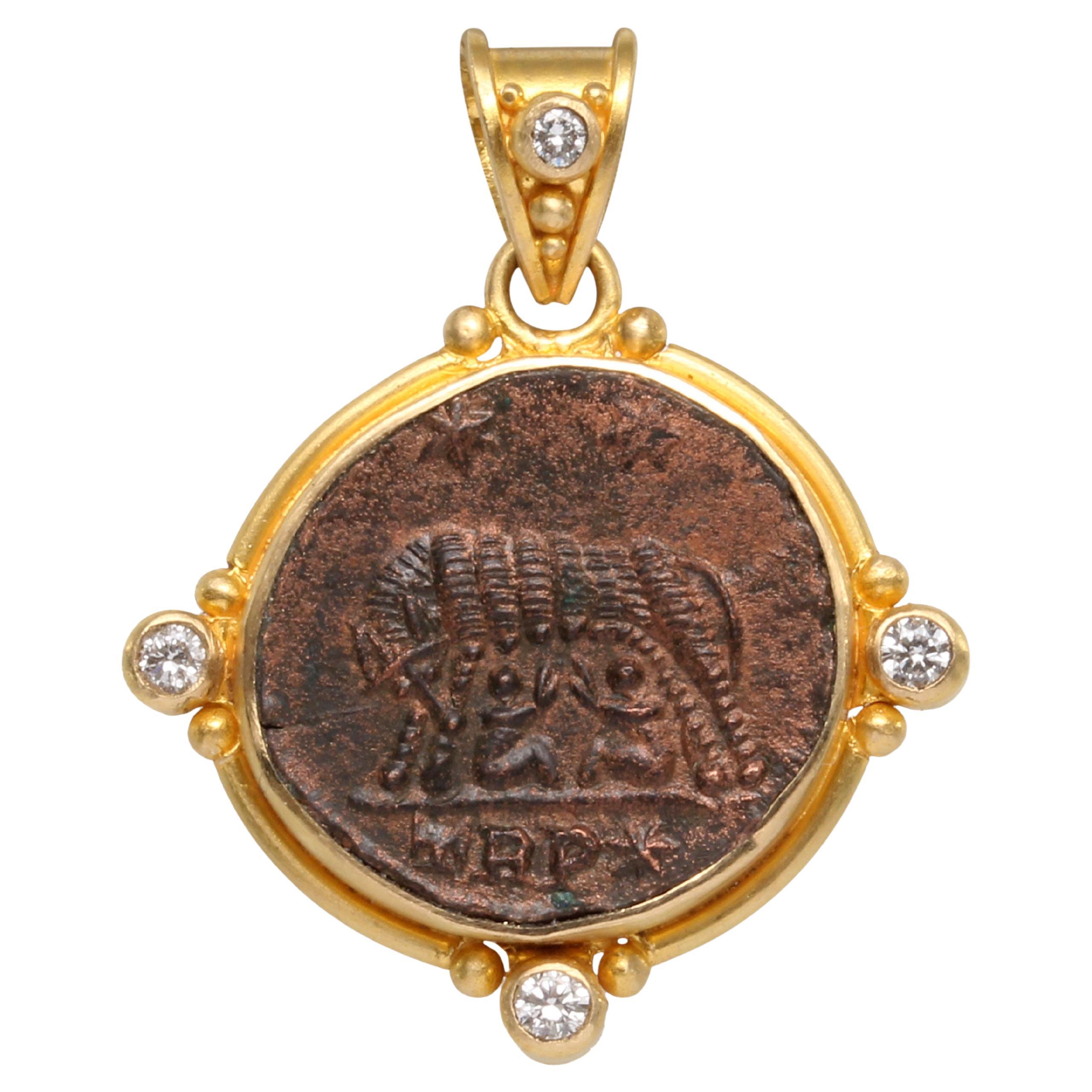 Ancient Roman 4th Century AD Romulus/Remus Coin Diamonds 18K Gold Pendant For Sale