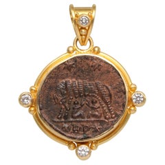 Ancient Roman 4th Century AD Romulus/Remus Coin Diamonds 18K Gold Pendant