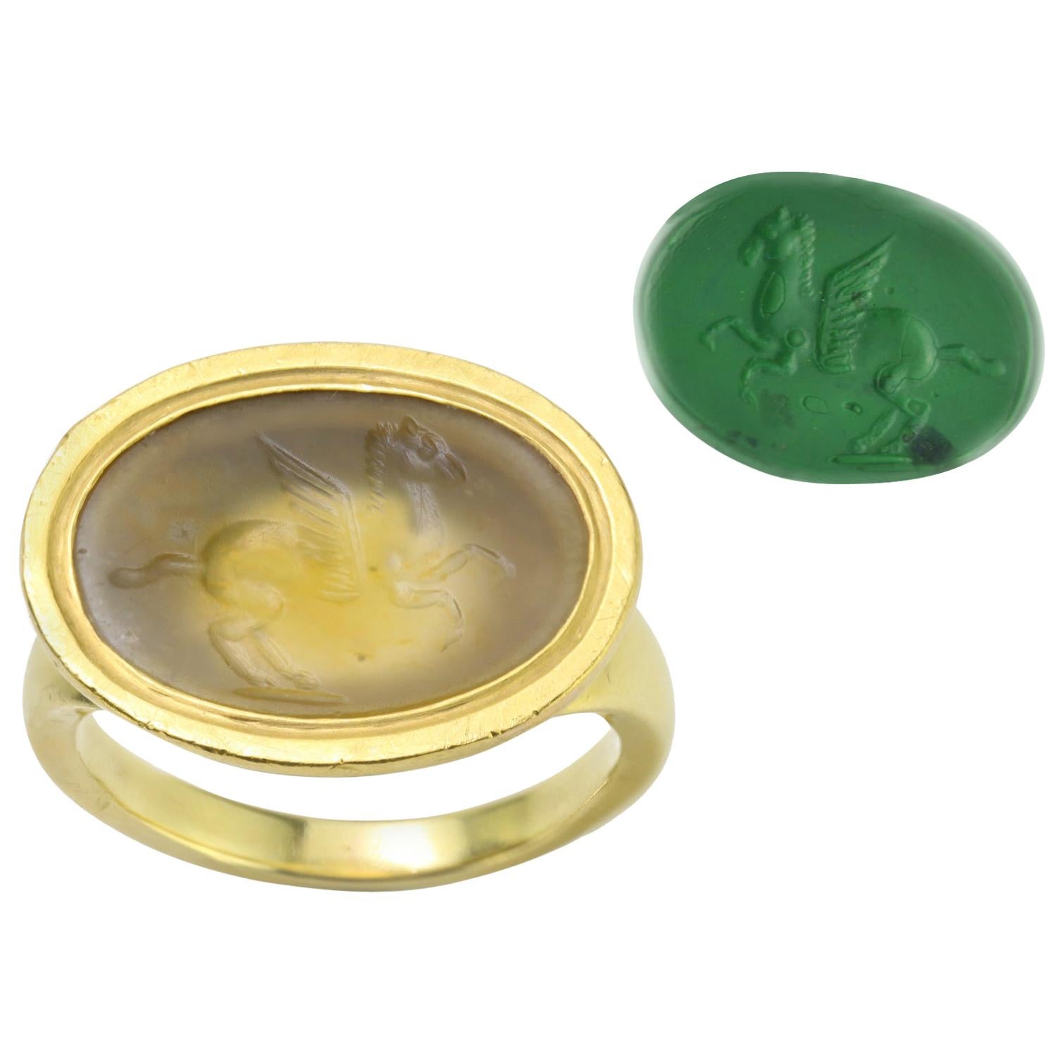 Ancient Roman Agate Intaglio of Pegasus in Vintage High Carat Setting as a Ring