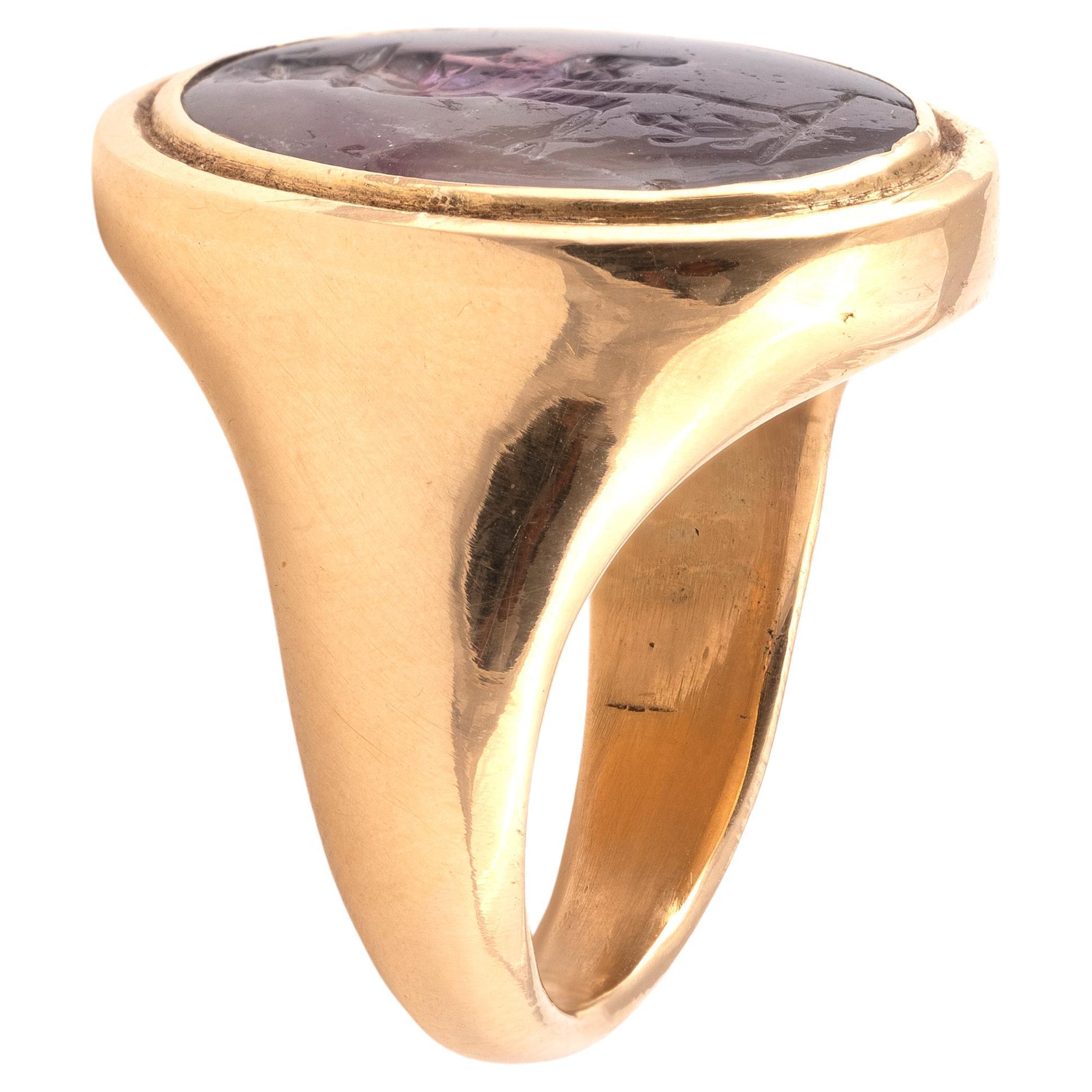 Uncut Ancient Roman Amethyst Intaglio Magical Gryllos Gold Ring