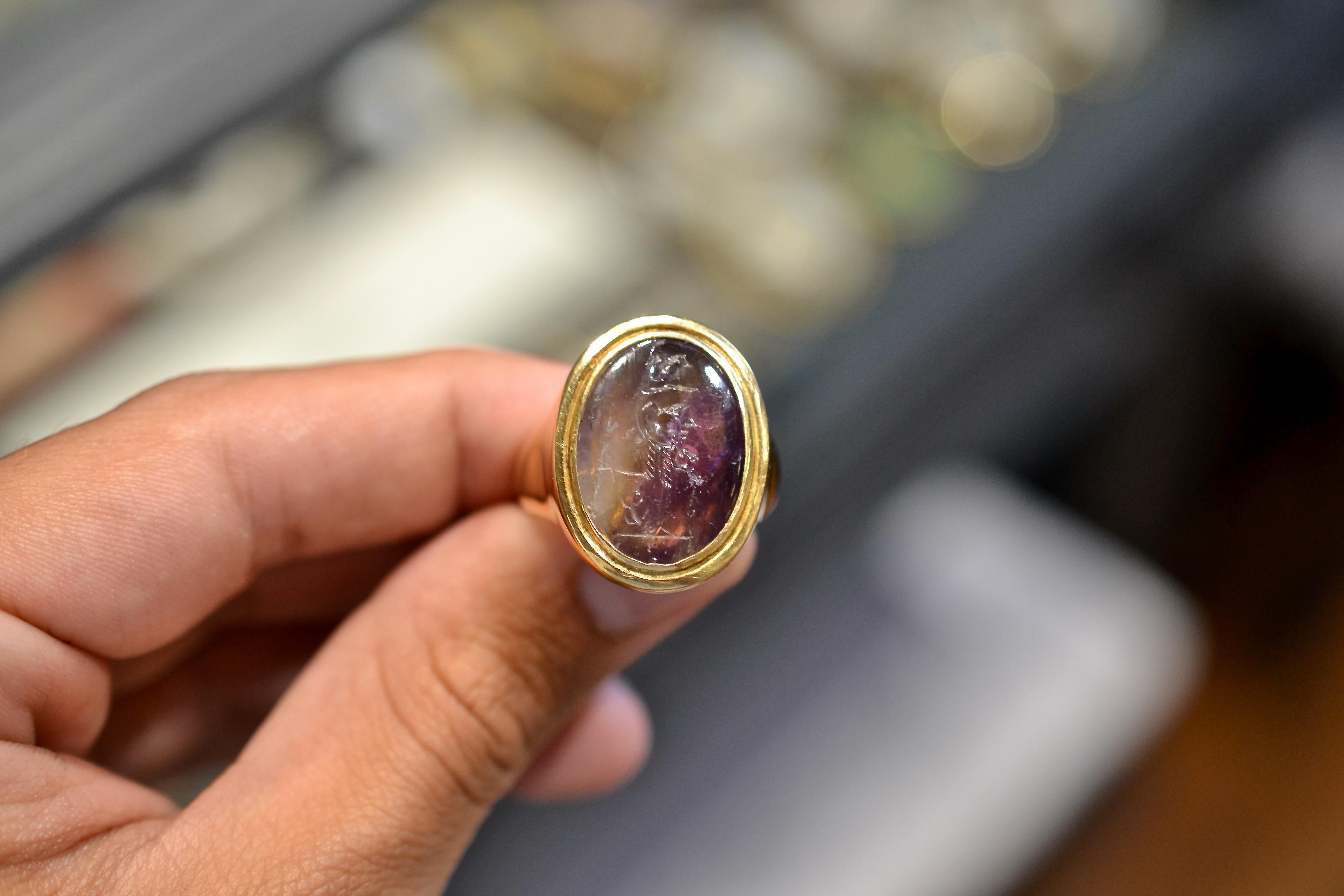 Women's or Men's Ancient Roman Amethyst Intaglio Magical Gryllos Gold Ring