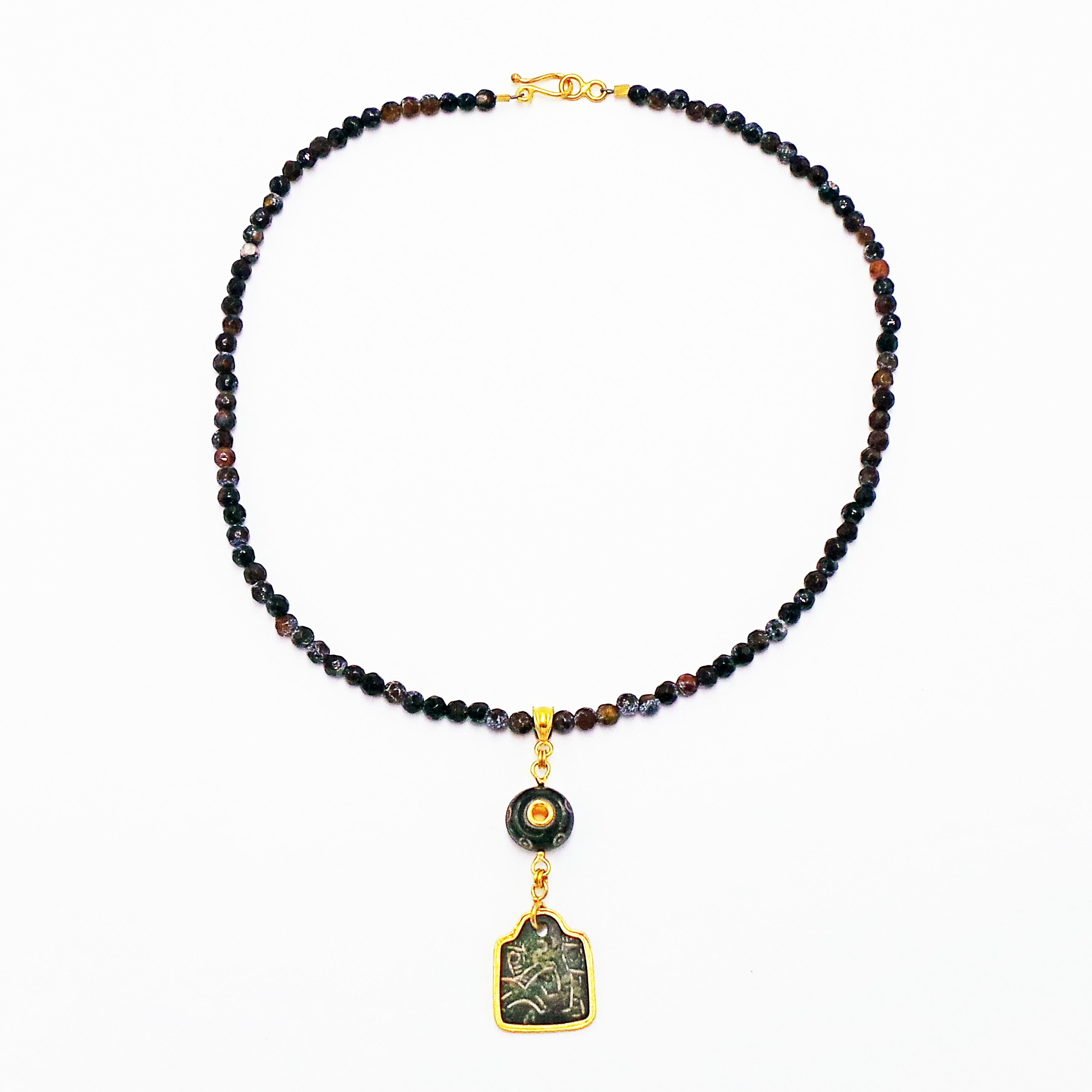 Authentic ancient Roman carved agate bead, Roman bronze carved tag and 22k yellow gold pendant on a fire agate beaded necklace with 22k gold hook closure. Necklace is 18 inches in length. Unique, one-of-a-kind piece of wearable history.