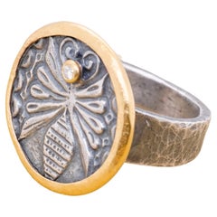 Ancient Roman Bee Coin Ring with Diamond, in 24kt Gold and Silver