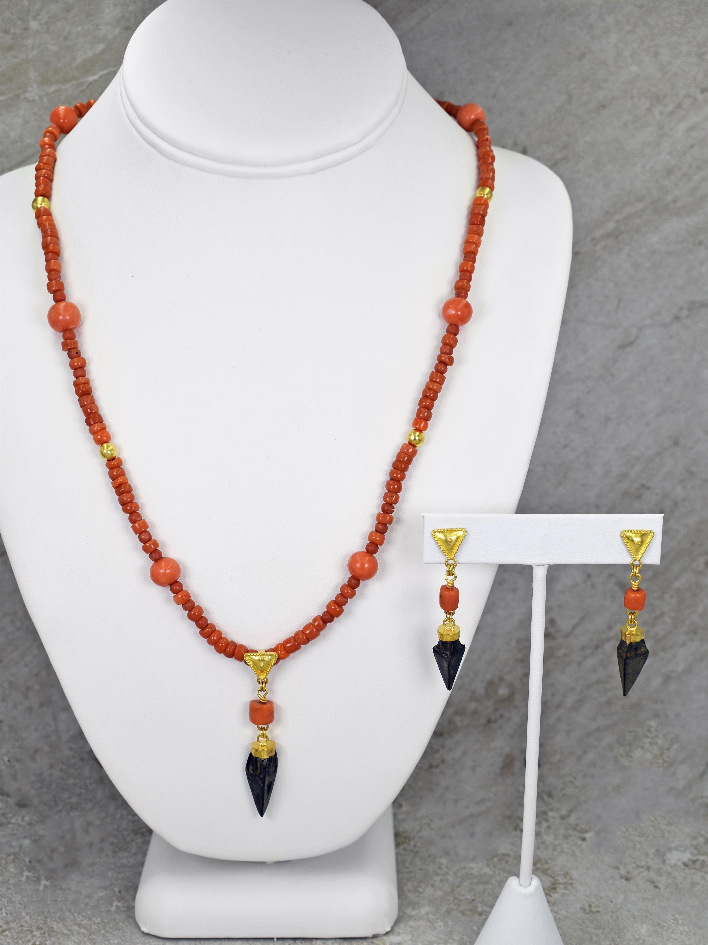 Authentic ancient Roman bronze arrowhead, pink Coral and 22k yellow gold dangle pendant on Coral and 22k gold beaded necklace with matching authentic ancient Roman arrowhead, Coral and 22k gold dangle stud earrings set. Beaded necklace is 21.5