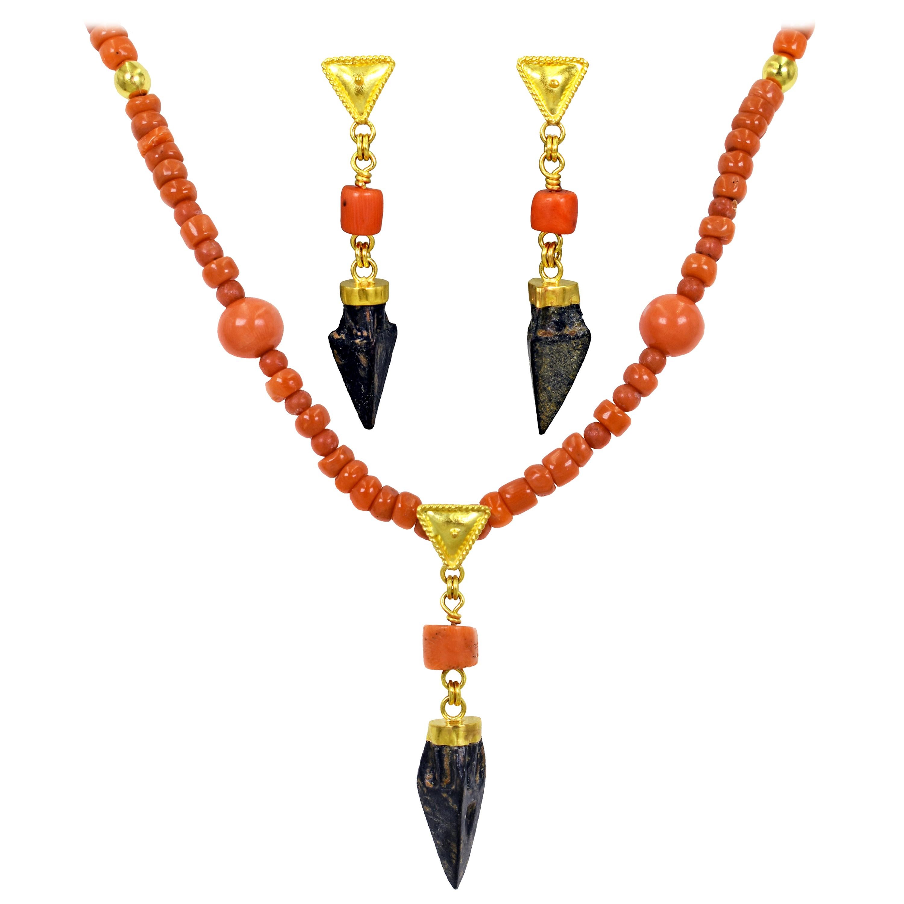 Ancient Roman Bronze Arrowhead Coral 22 Karat Gold Necklace and Earrings Set