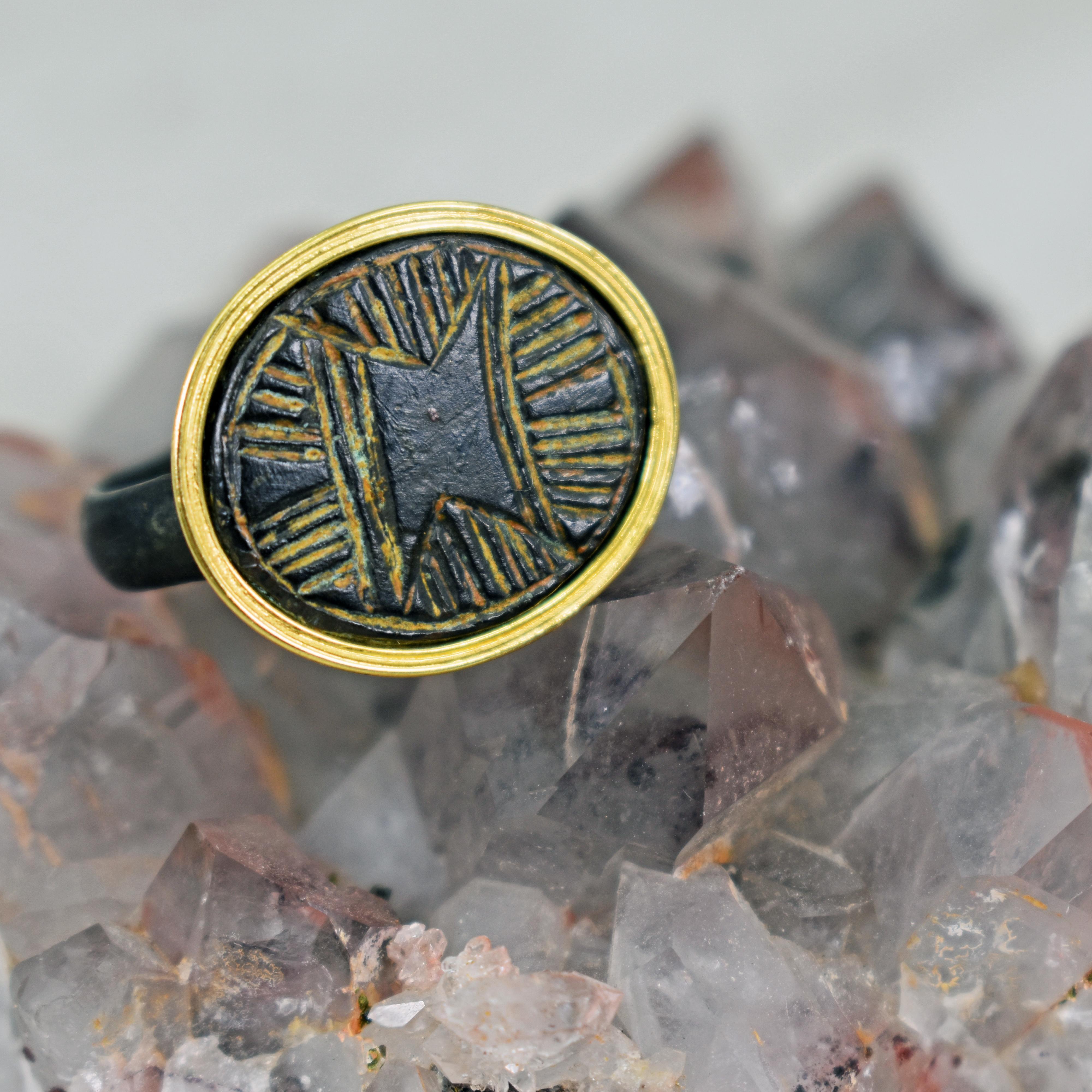 Ancient Roman Bronze Carved Signet Ring with 22 Karat Gold Bezel In Good Condition For Sale In Naples, FL