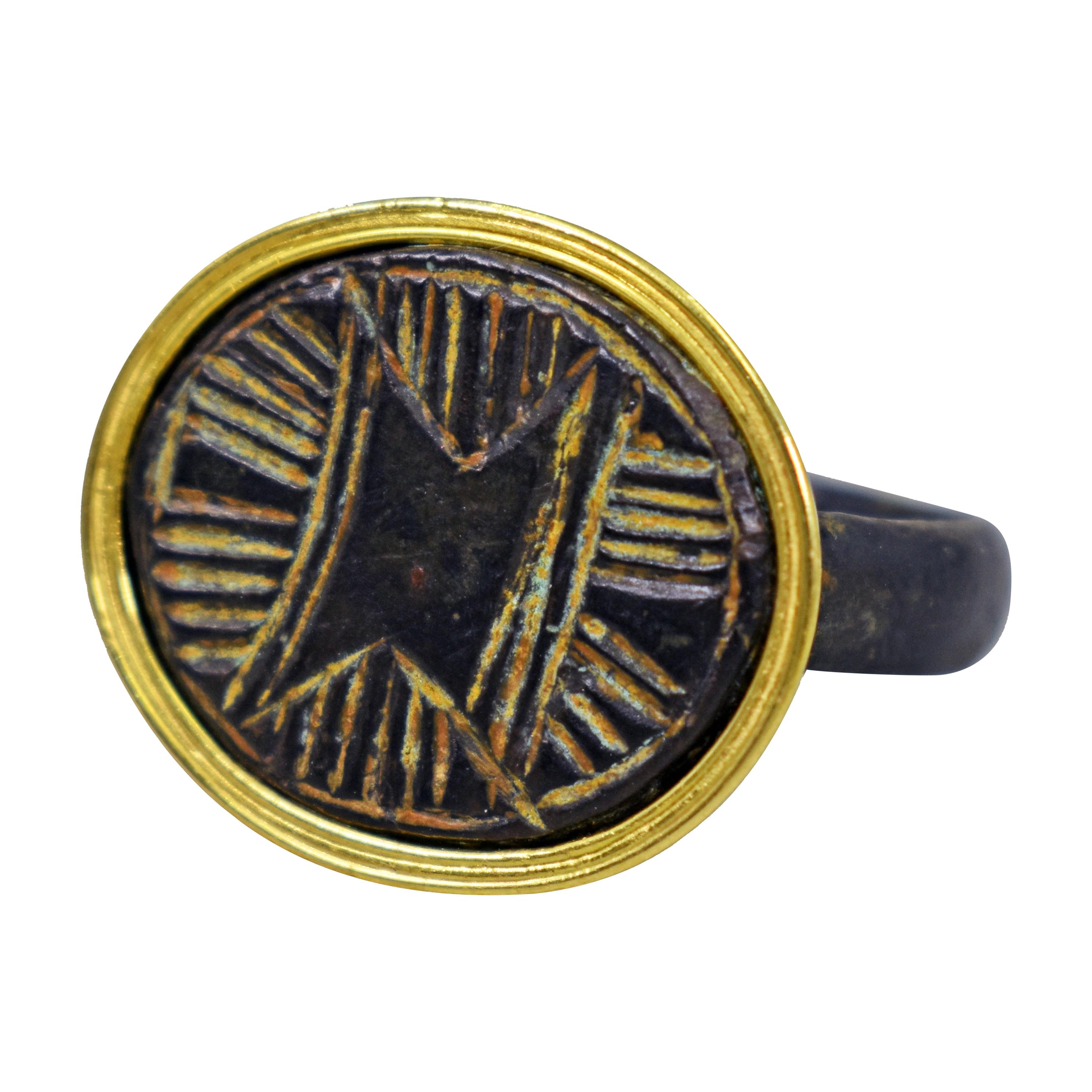 Ancient Roman Bronze Carved Signet Ring with 22 Karat Gold Bezel