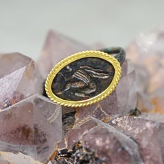 Anillo de sello romano antiguo tallado en bronce con bisel de cuerda de oro de 22 quilates