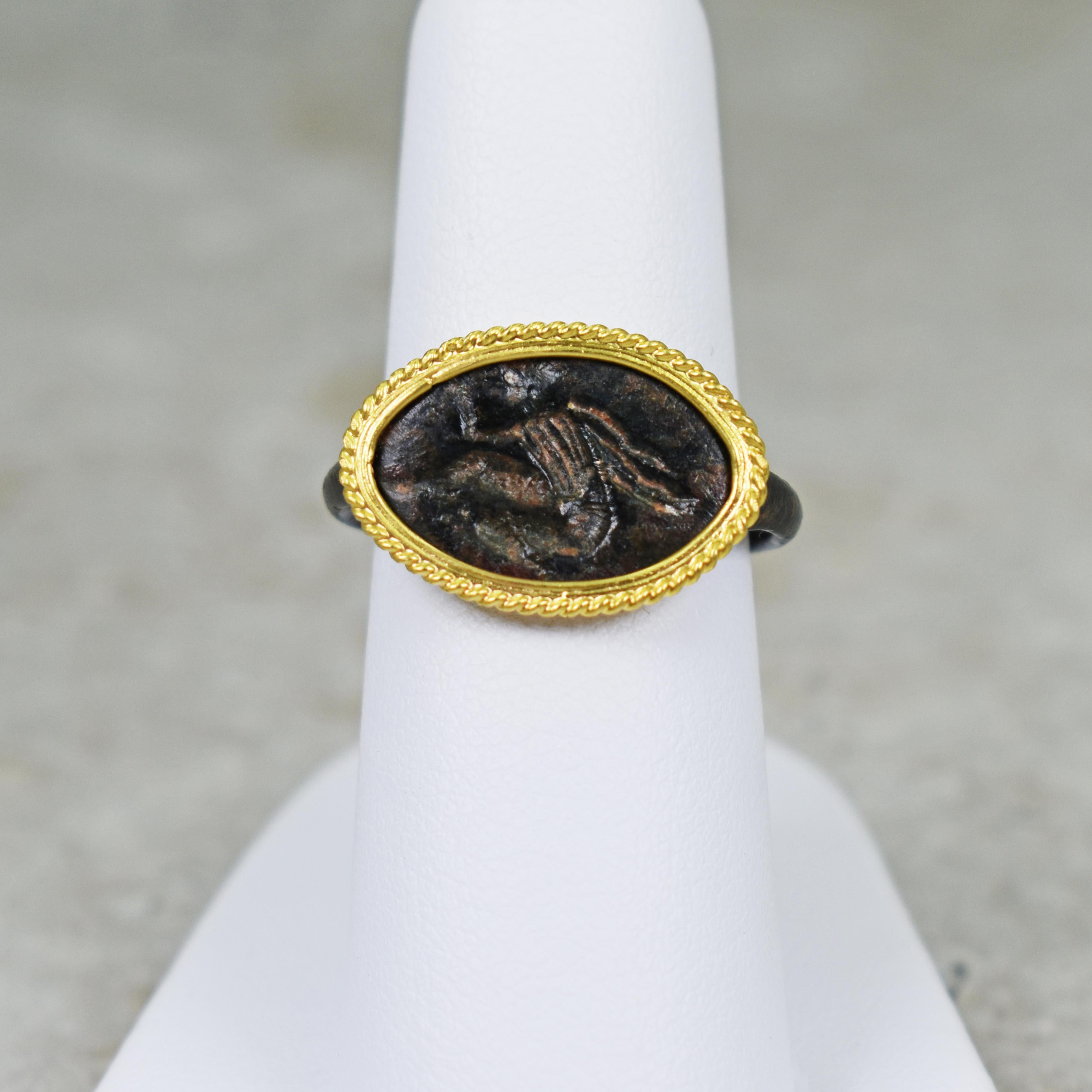 Ancient Roman Bronze Carved Signet Ring with 22 Karat Gold Rope Bezel In Good Condition For Sale In Naples, FL