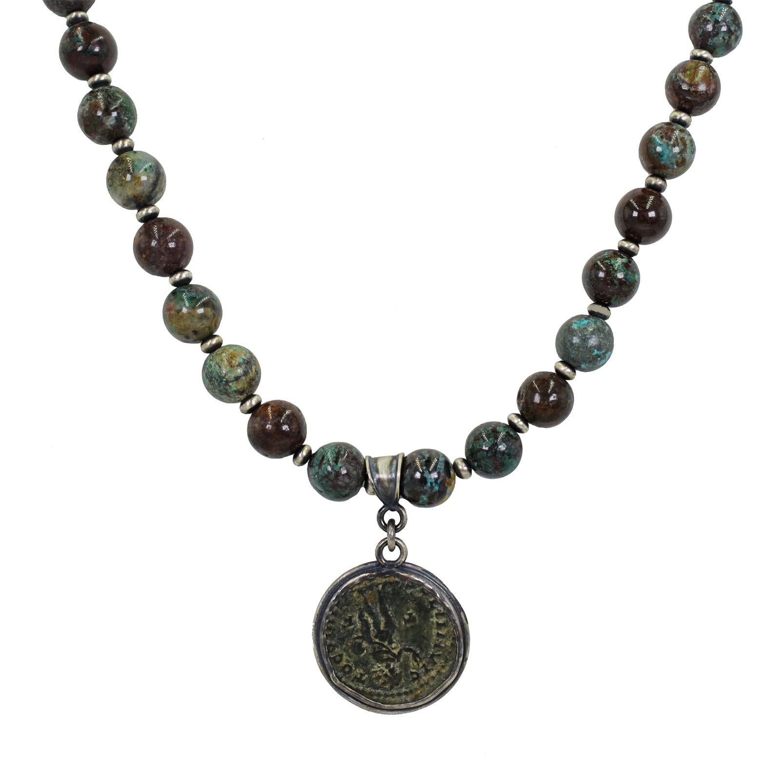 Authentic ancient Roman bronze coin (Constantine 1 AE Follis, 307 to 337 AD) and oxidized sterling silver pendant on Chrysocolla and mini sterling silver 