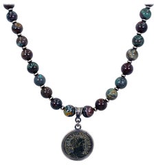 Ancient Roman Bronze Coin and Chrysocolla Beaded Pendant Necklace