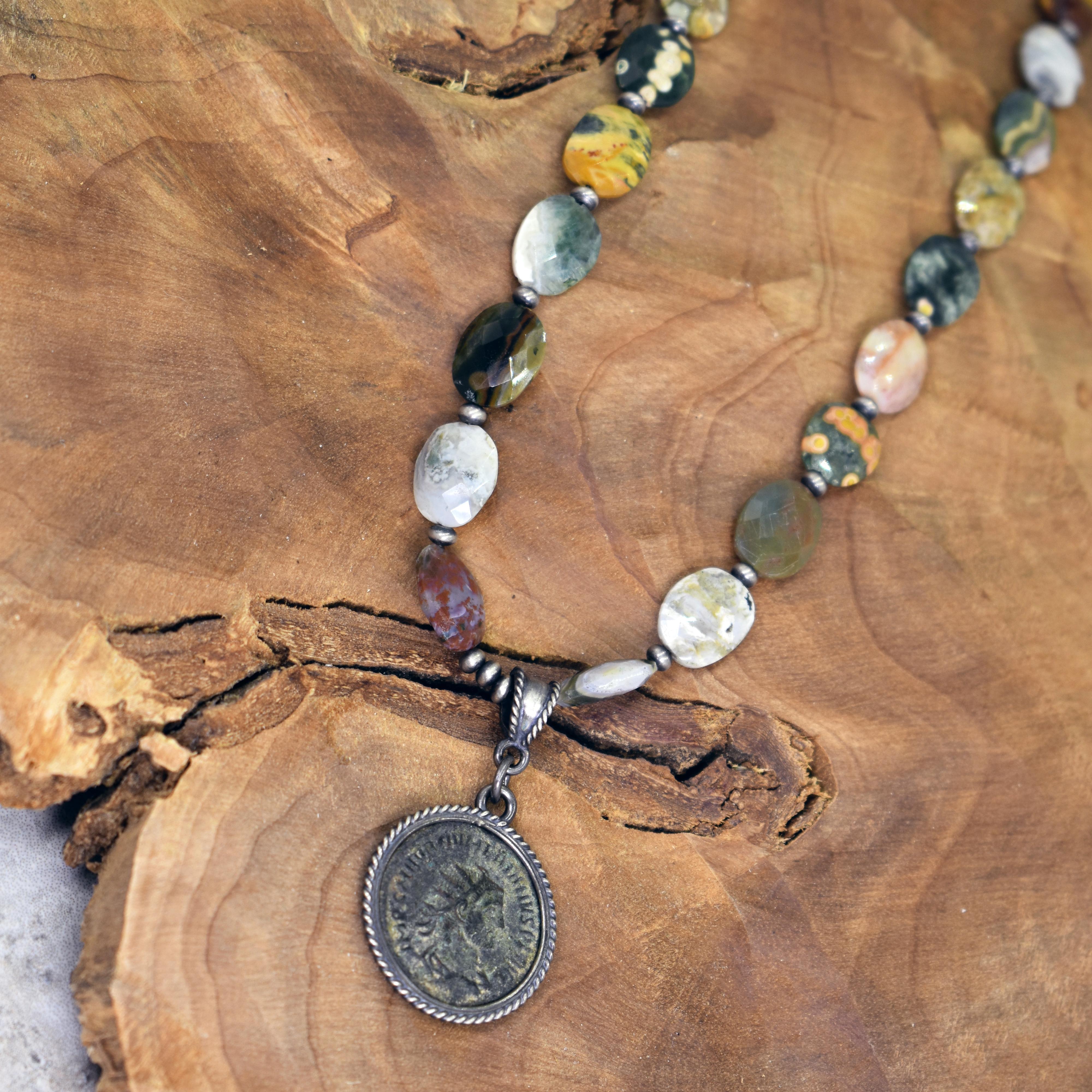 Ancient Roman Bronze Coin and Ocean Jasper Beaded Pendant Necklace In New Condition For Sale In Naples, FL
