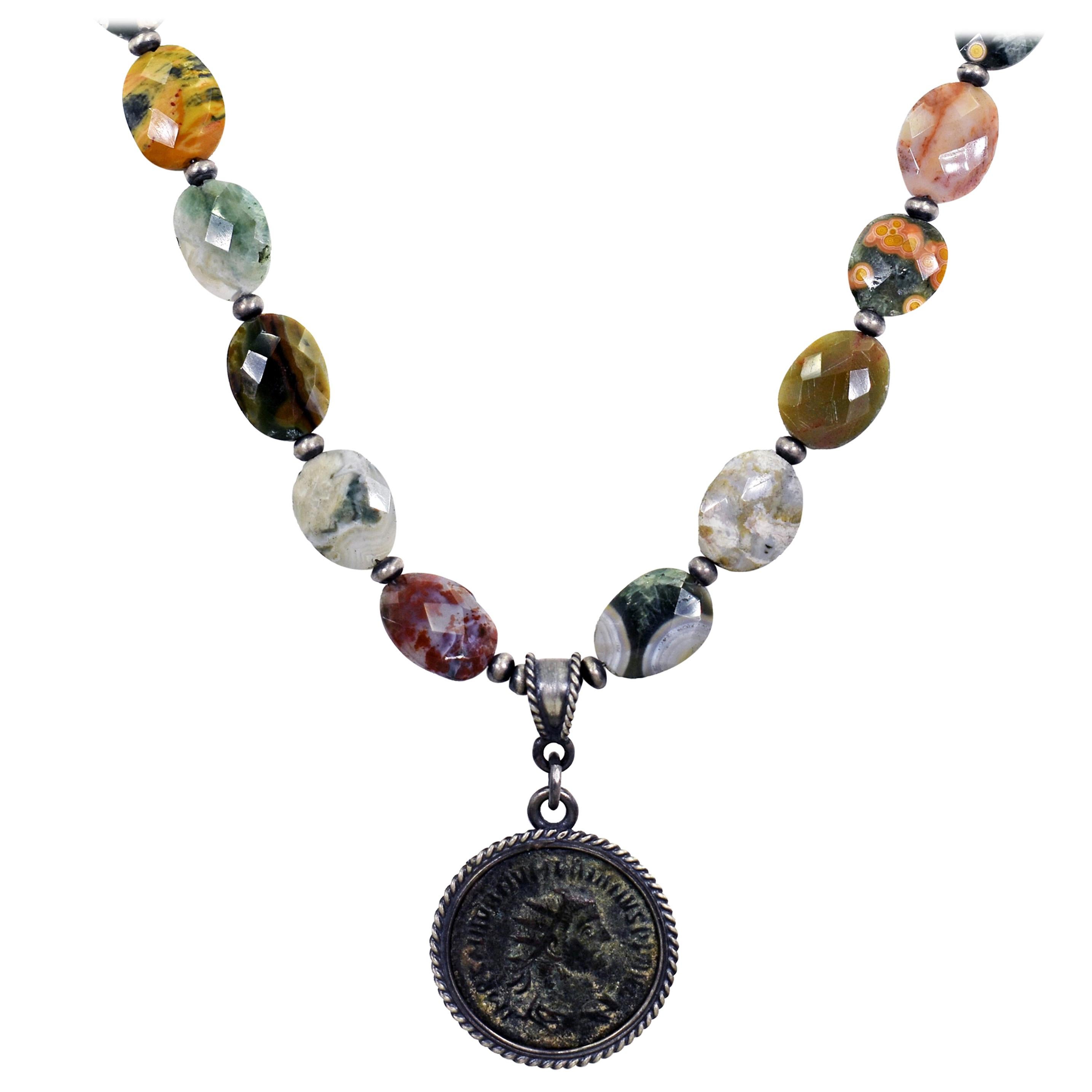 Ancient Roman Bronze Coin and Ocean Jasper Beaded Pendant Necklace For Sale
