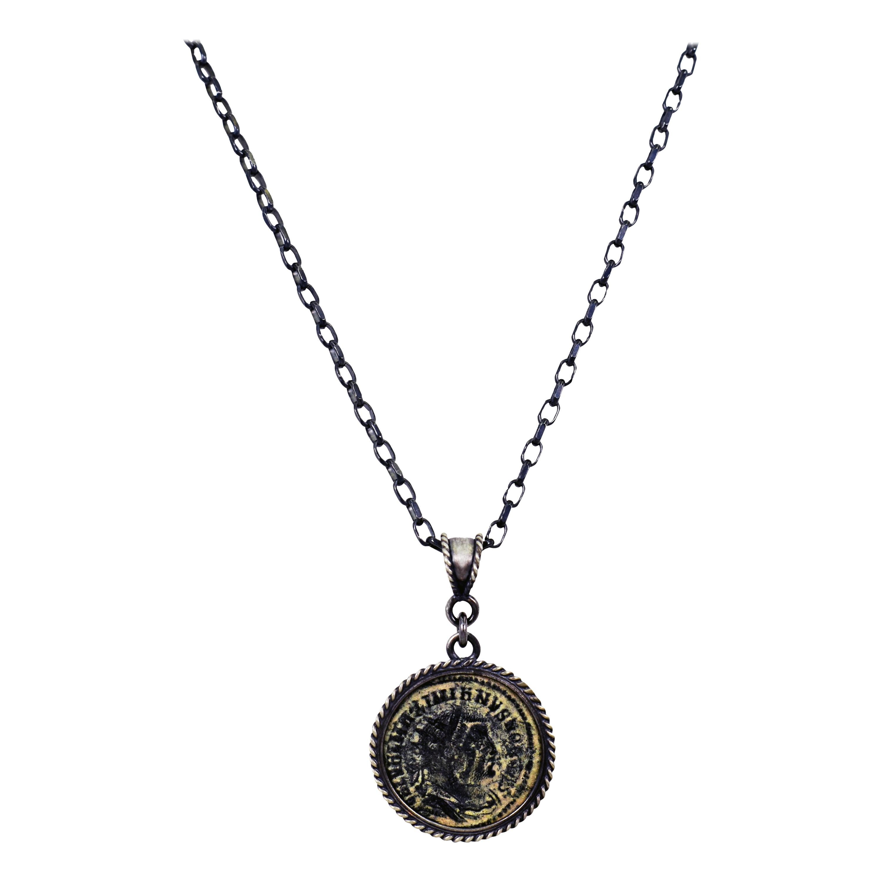 Ancient Roman Bronze Coin Sterling Silver Pendant Necklace