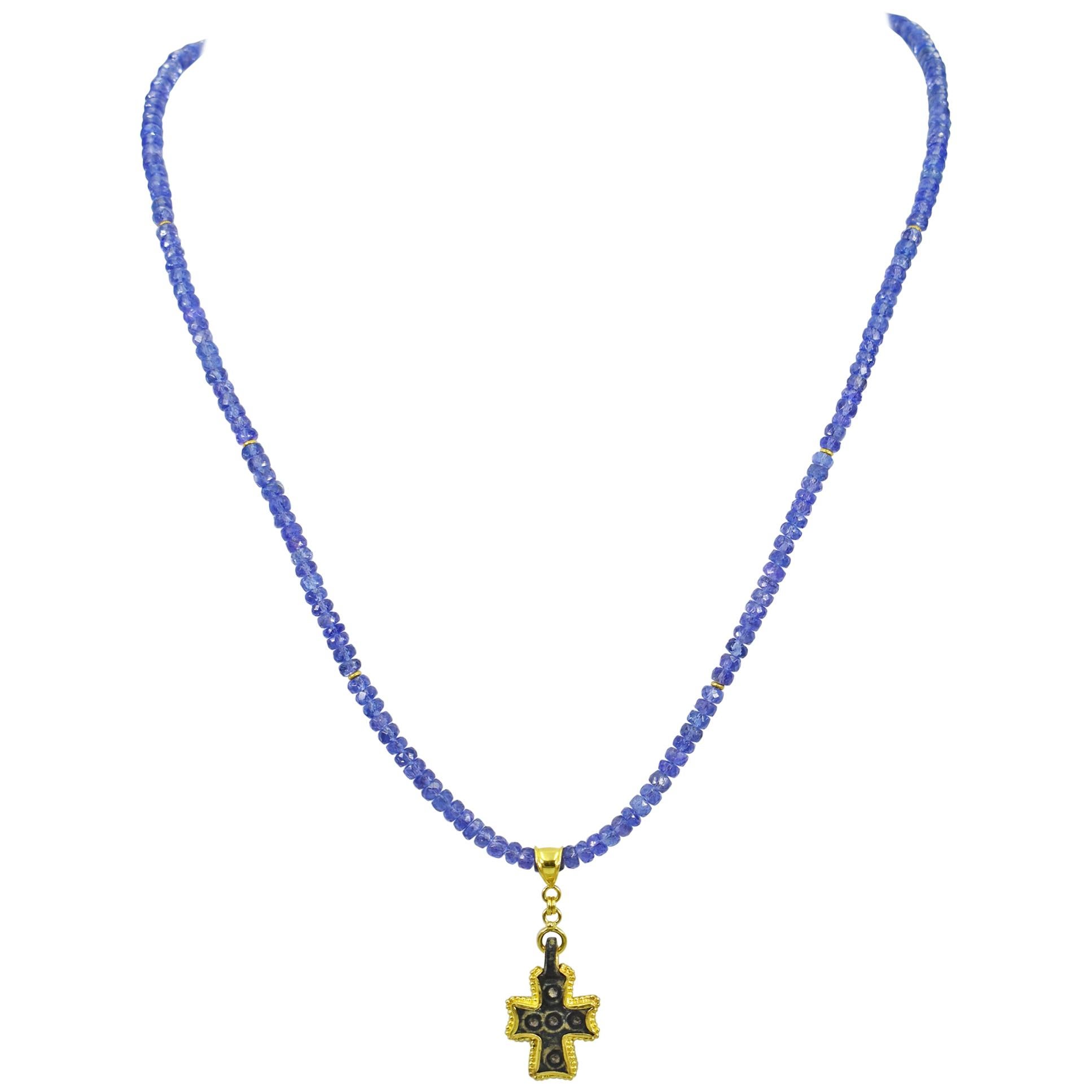 Ancient Roman Bronze Cross 22 Karat Gold Pendant Tanzanite Beaded Necklace