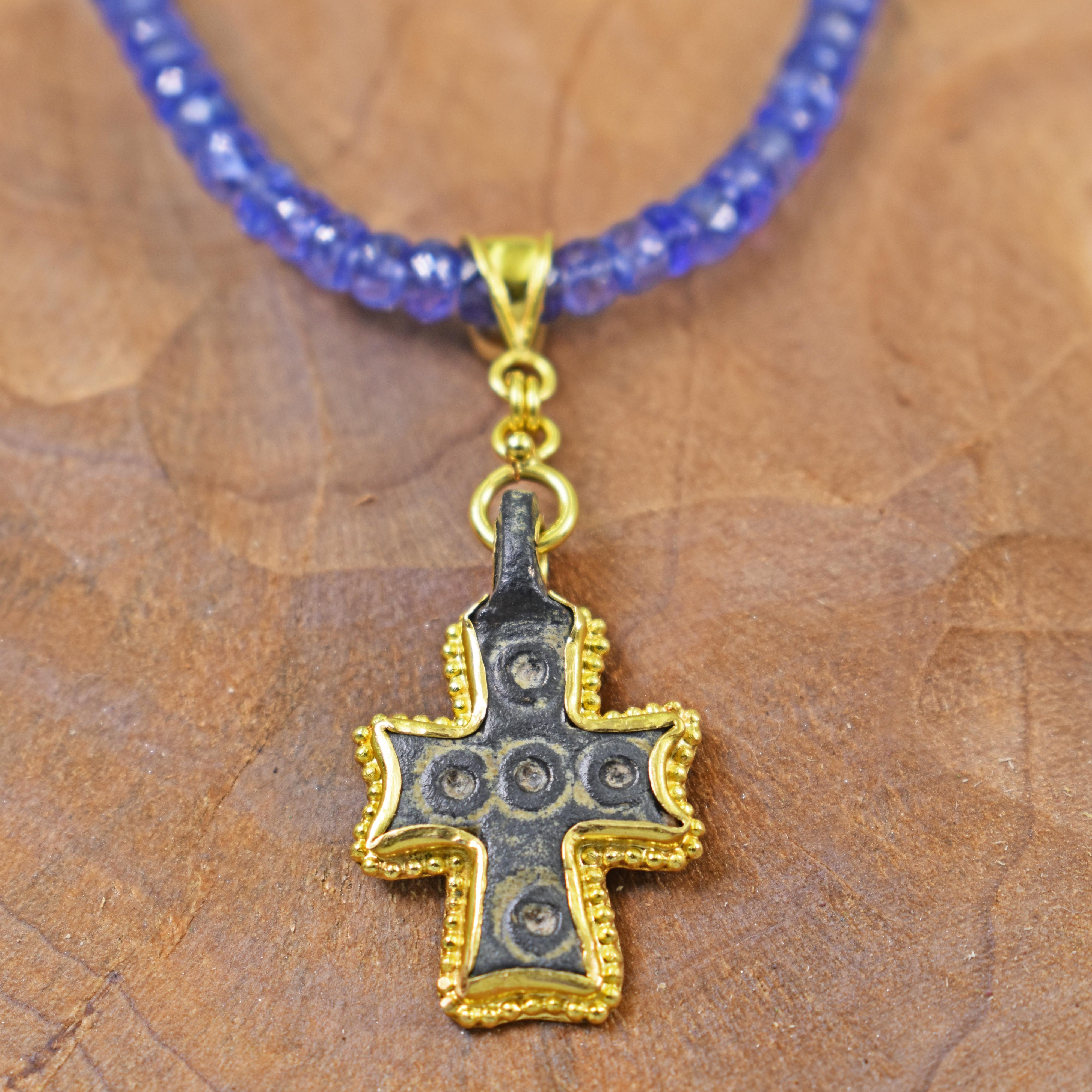 Contemporary Ancient Roman Bronze Cross 22 Karat Gold Pendant Tanzanite Beaded Necklace