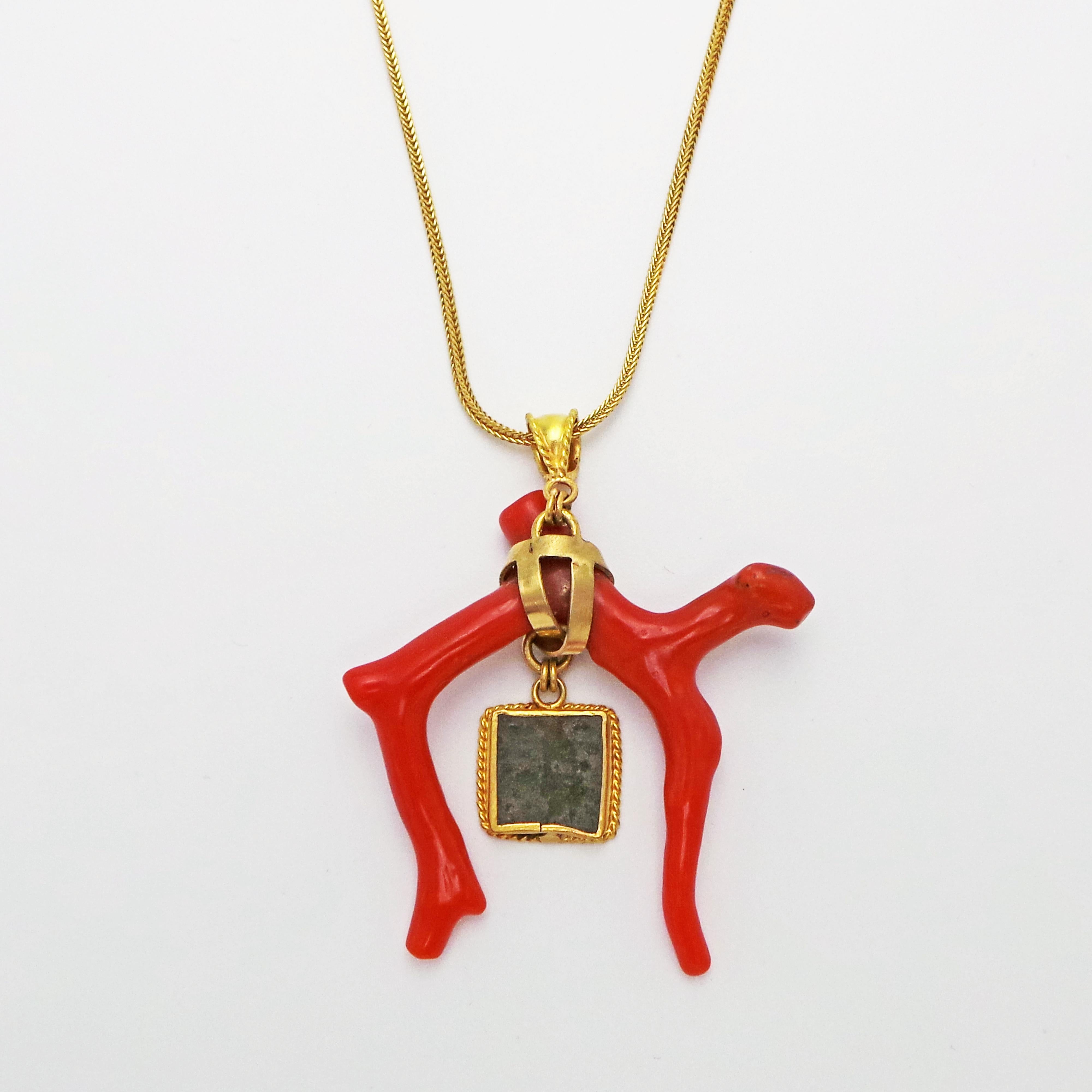 Women's Ancient Roman Bronze Intaglio Artifact, Branch Coral and Gold Pendant Necklace