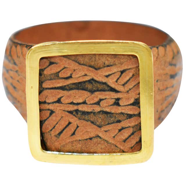 Ancient Roman Bronze Carved Signet Ring with 22 Karat Gold Rope Bezel ...