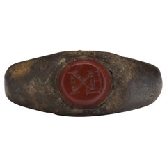Antique Ancient Roman Bronze Signet Ring with Carnelian Engraved with 'IXE'