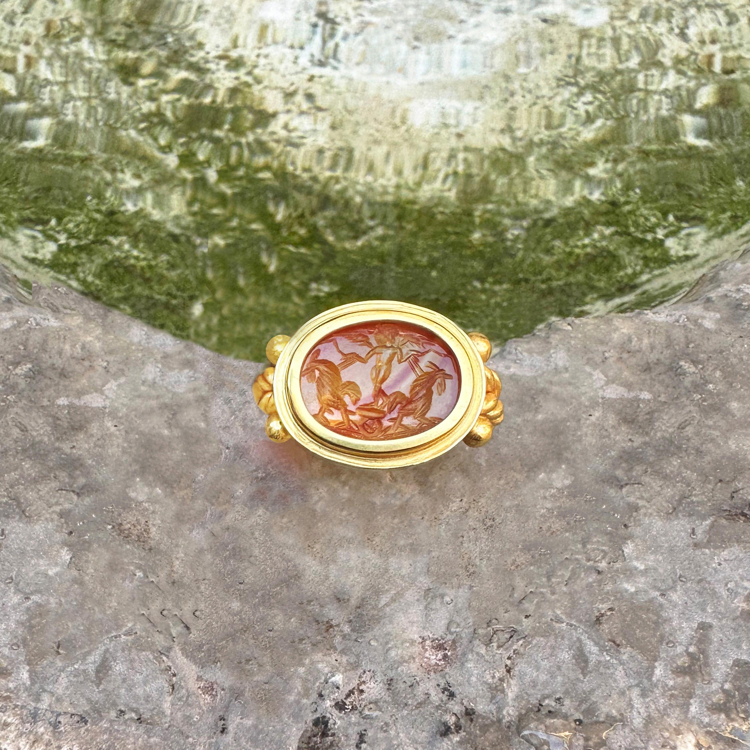 Oval Cut Ancient Roman Carnelian Intaglio 18Kt Gold Ring depicting God Eros and roosters
