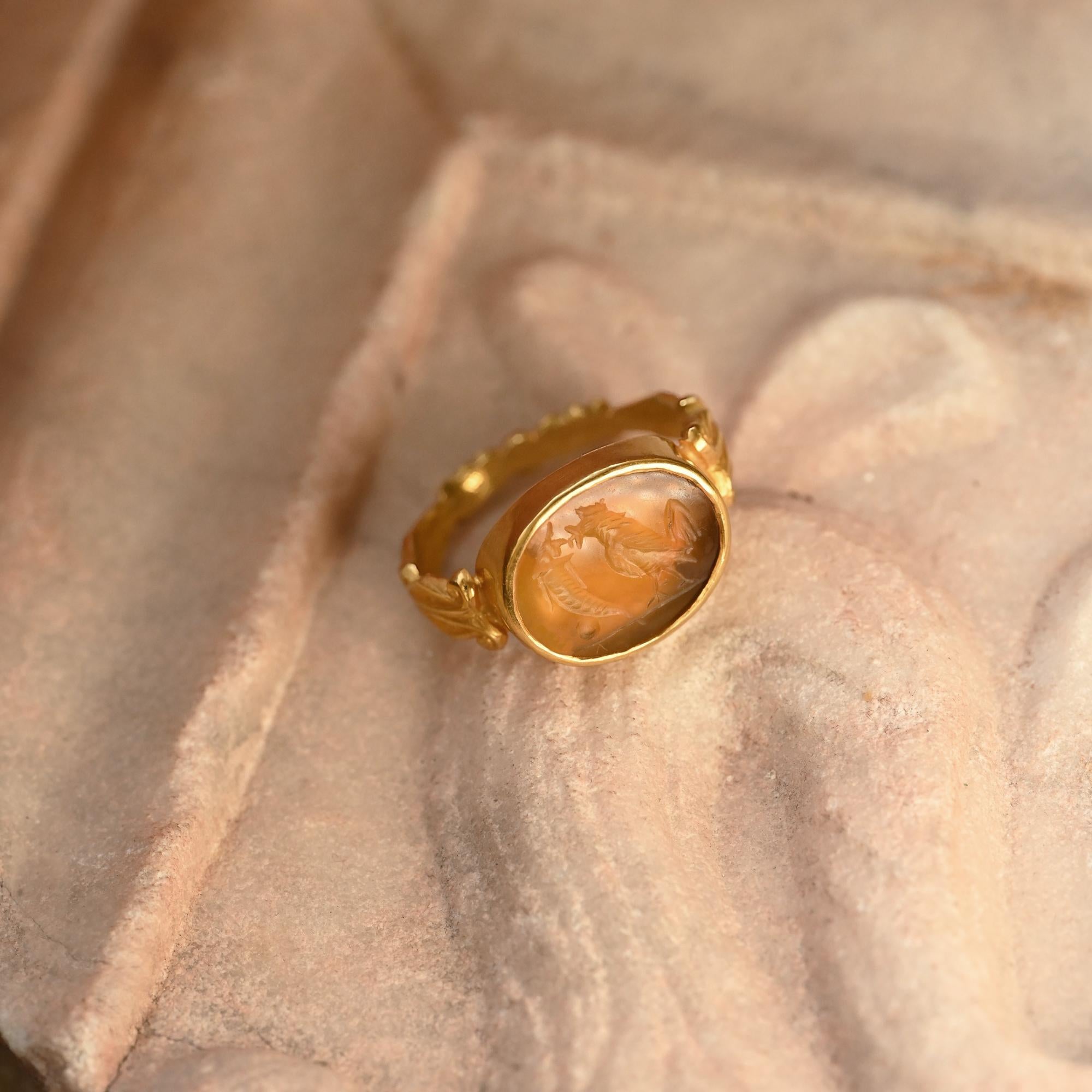 Classical Roman Ancient Roman Carnelian Intaglio 18Kt Gold Ring depicting Rooster and Cornucopia
