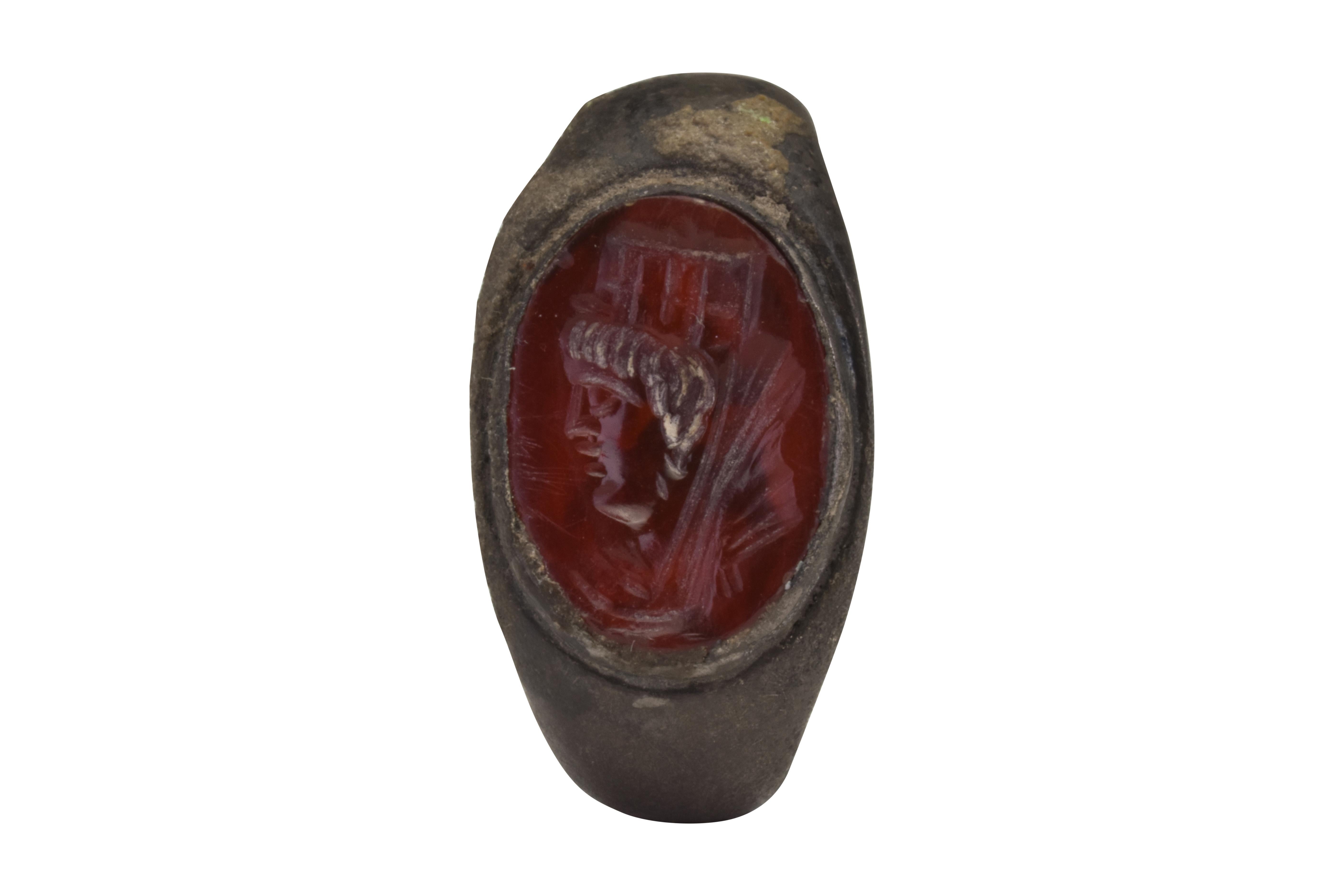Classical Roman Ancient Roman Carnelian Intaglio with a Portrait of a Woman in Bronze Ring