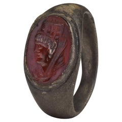 Ancient Roman Carnelian Intaglio with a Portrait of a Woman in Bronze Ring
