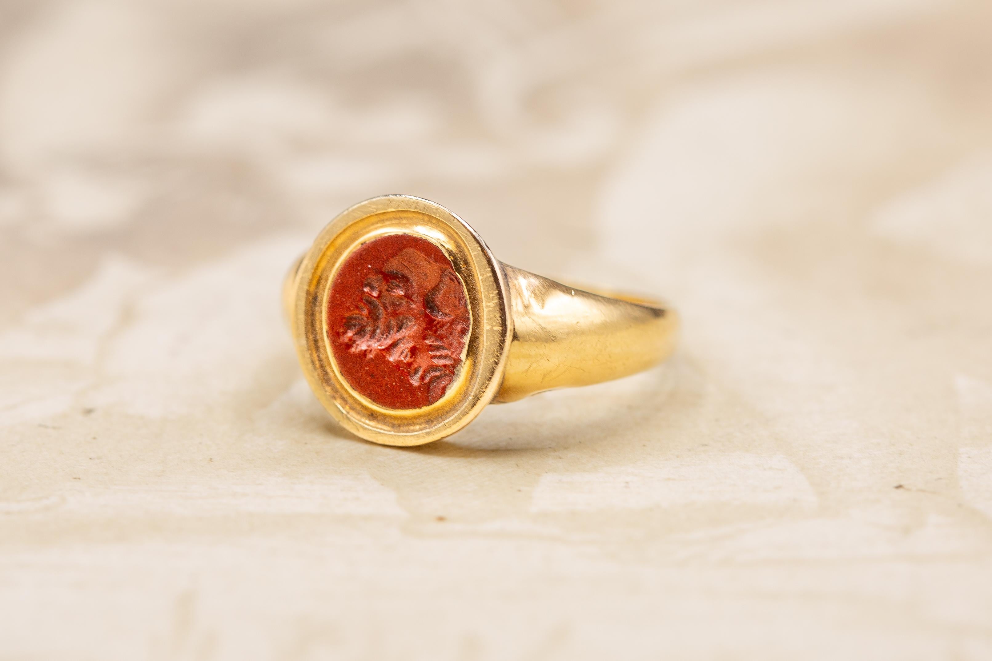 Oval Cut Ancient Roman Carved Red Jasper Gryllus Signet Ring Antique Georgian  For Sale