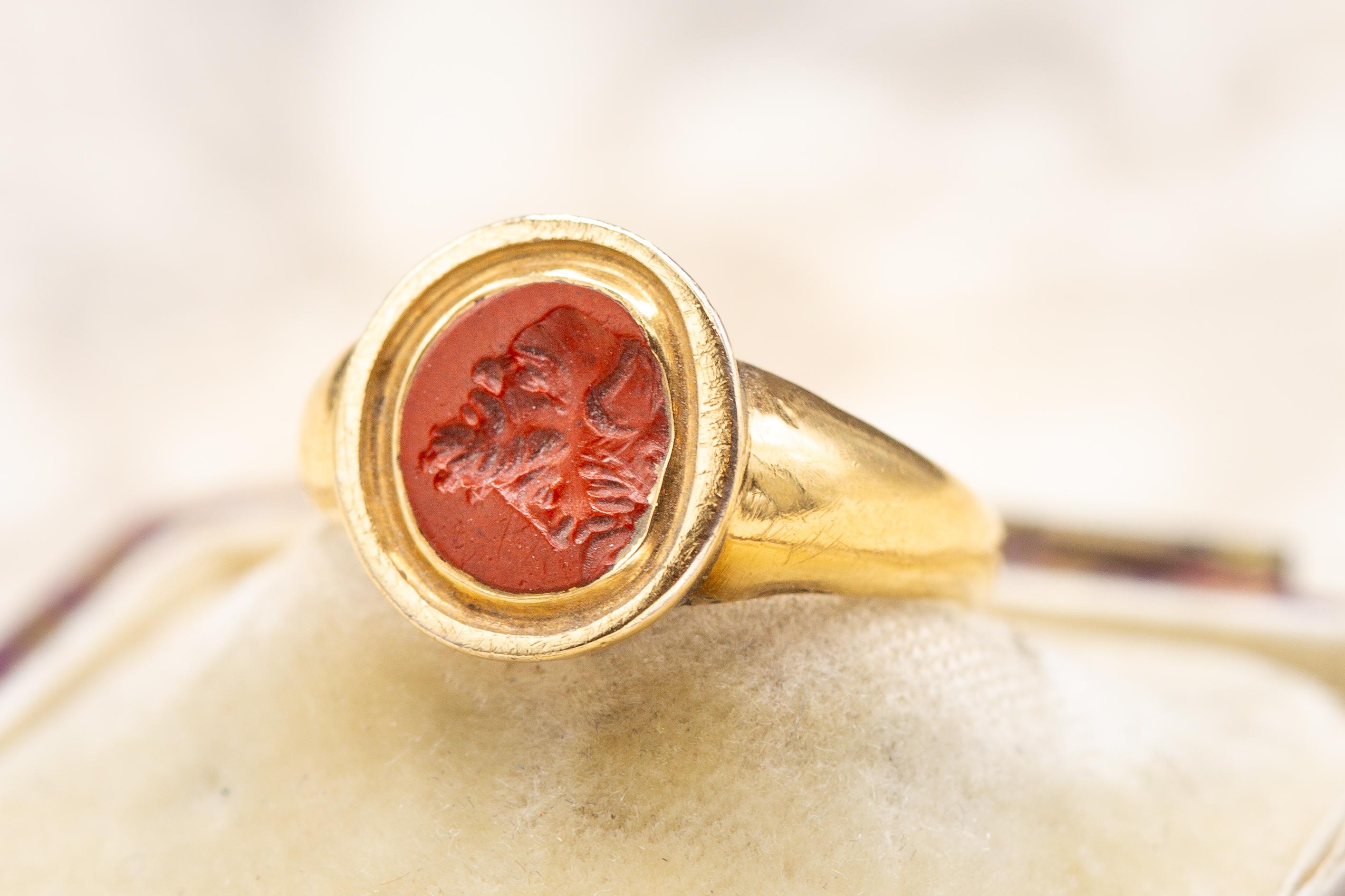 Oval Cut Ancient Roman Carved Red Jasper Gryllus Signet Ring Antique Georgian  For Sale