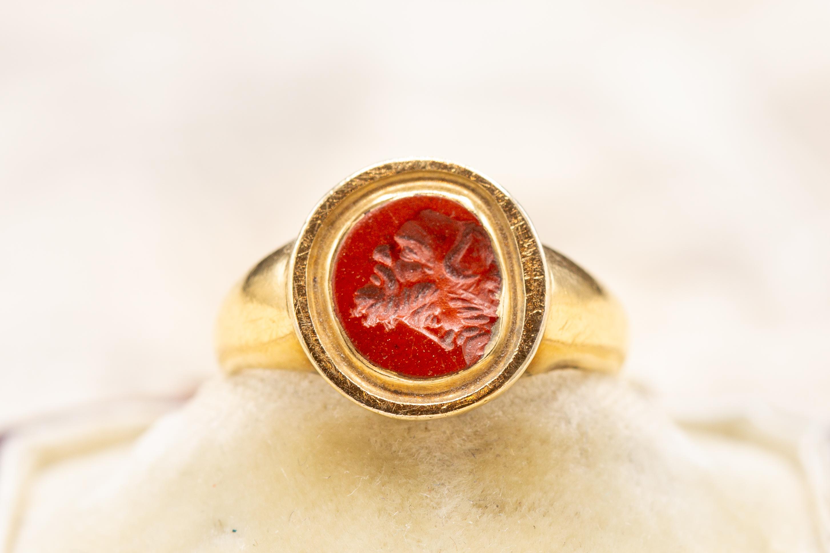Women's or Men's Ancient Roman Carved Red Jasper Gryllus Signet Ring Antique Georgian  For Sale