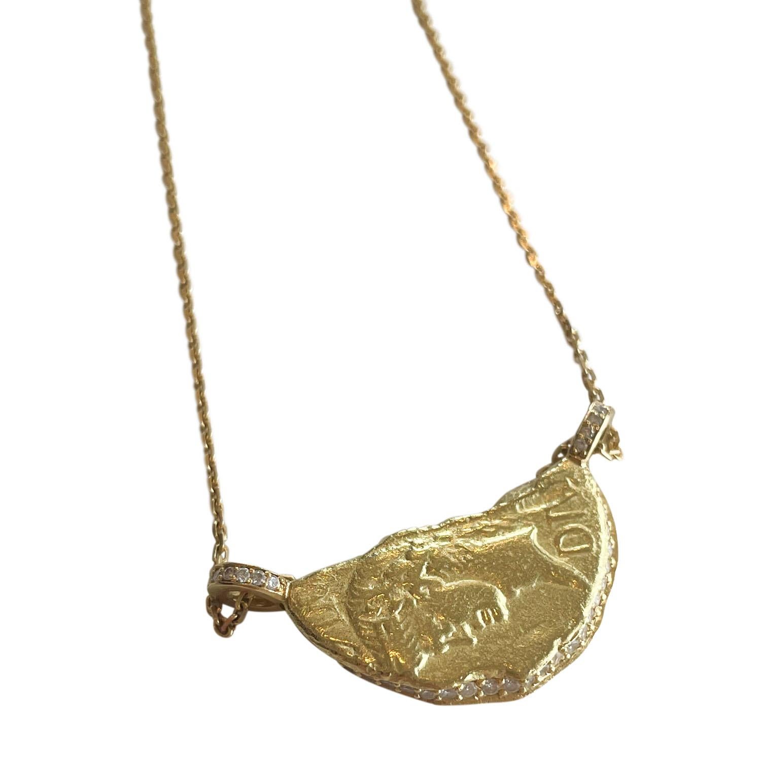 Women's or Men's Ancient Roman Cleopatra Half Coin Pendant in 22ct Yellow Gold and Diamonds For Sale