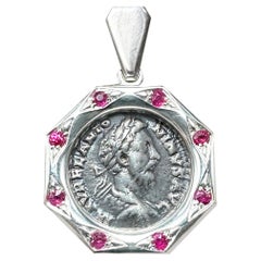 Antique Ancient Roman Coin 2nd Cent. AD Pendant w/ rubies depicting Emp. Marcus Aurelius