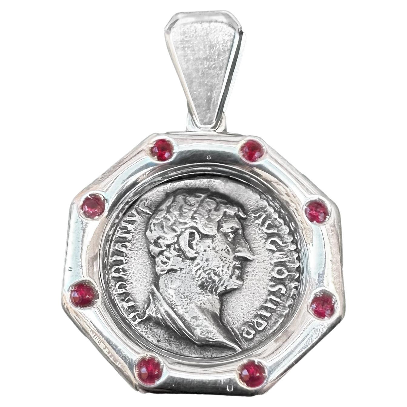 Ancient Roman Coin 2nd Cent. AD Pendant w/rubies depicting Emperor Hadrian