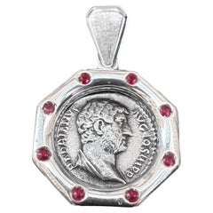 Ancient Roman Coin 2nd Cent. AD Pendant w/rubies depicting Emperor Hadrian