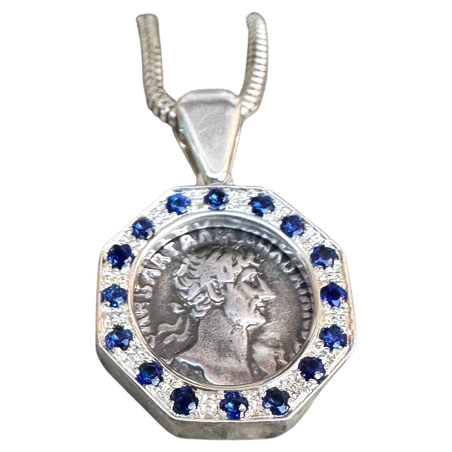 Ancient Roman Coin 2nd Cent. AD Pendant w/sapphires depicting Emperor Hadrian For Sale