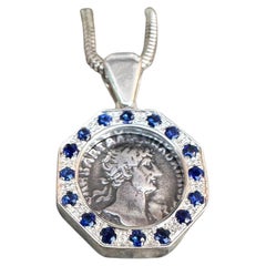 Antique Ancient Roman Coin 2nd Cent. AD Pendant w/sapphires depicting Emperor Hadrian