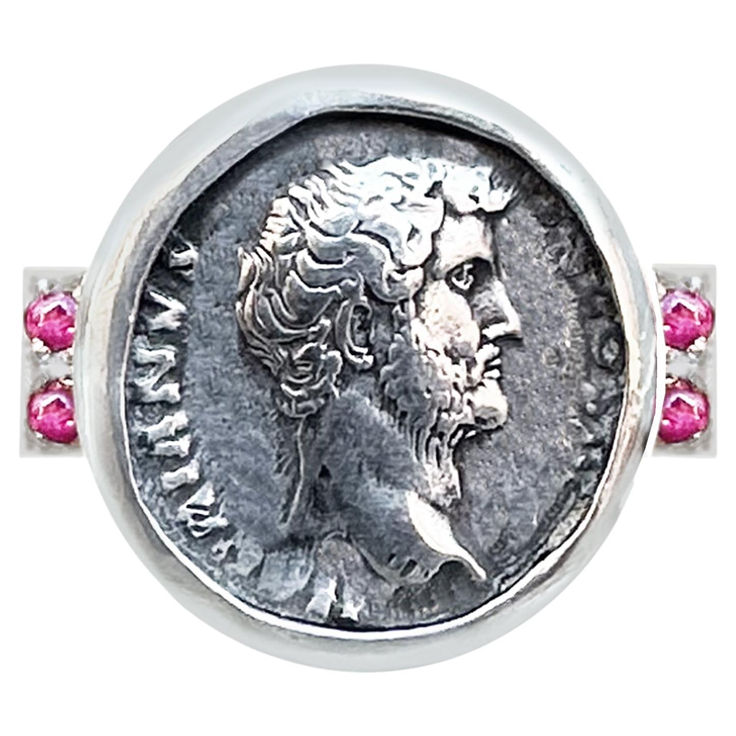 Ancient Roman Coin 2nd cent.AD Silver and Rubies Ring depicting Emperor Hadrian For Sale