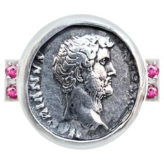 Used Ancient Roman Coin 2nd cent.AD Silver and Rubies Ring depicting Emperor Hadrian