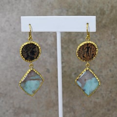 Ancient Roman Coin & Aquaprase 22 Karat Gold Dangle Earrings