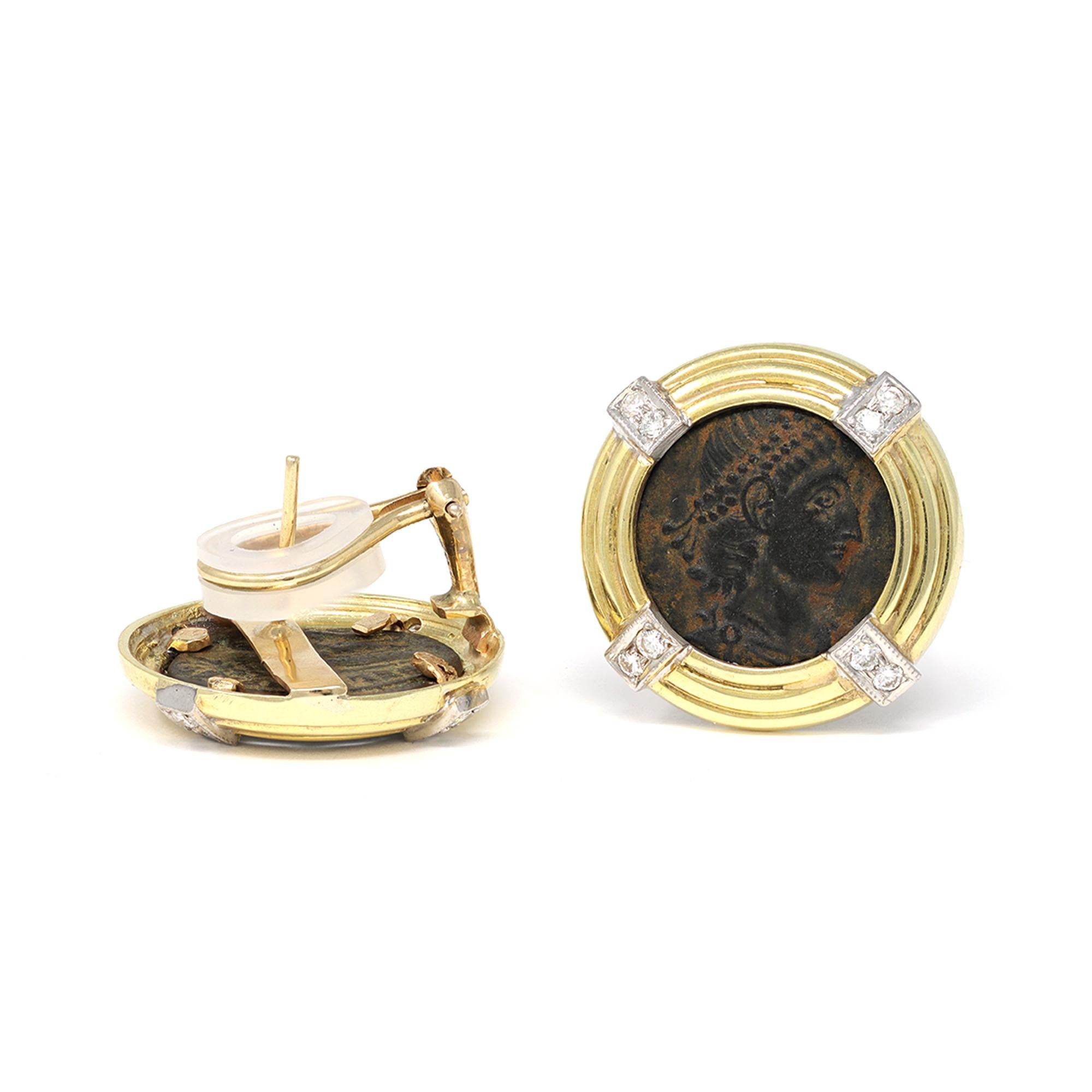 The Italian made clip on earrings feature ancient Roman coins bezel set in 18 karat yellow gold with diamond accents. The style is inspired after the famous Bvlgari Monete collection and has become a classic of the Italian jewelry. These are circa