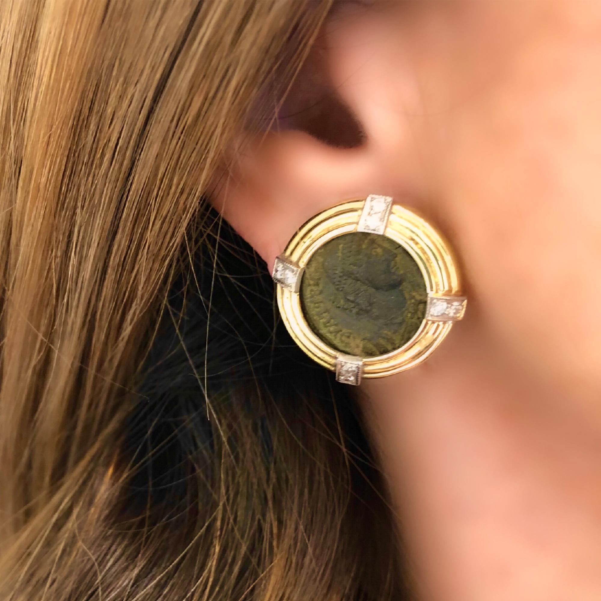 Modern Ancient Roman Coin Clip On Earrings with Diamond Accents in 18k