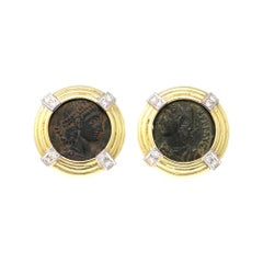 Ancient Roman Coin Clip On Earrings with Diamond Accents in 18k