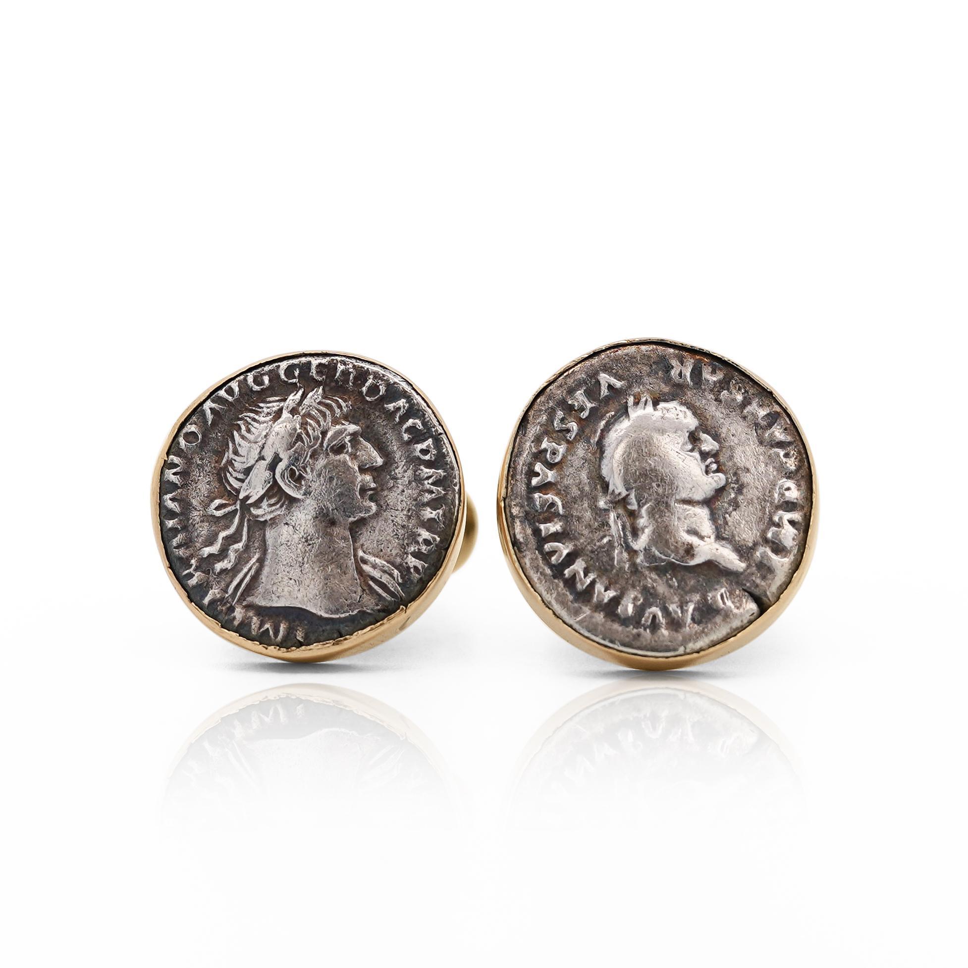 These stunning 14K yellow gold Roman Coin cufflinks feature authentic ancient coins of Emperor Vespasian and Emperor Maiorianus. The finely detailed cufflinks exude vintage charm, with the original coin inscriptions and high-quality gold framing the