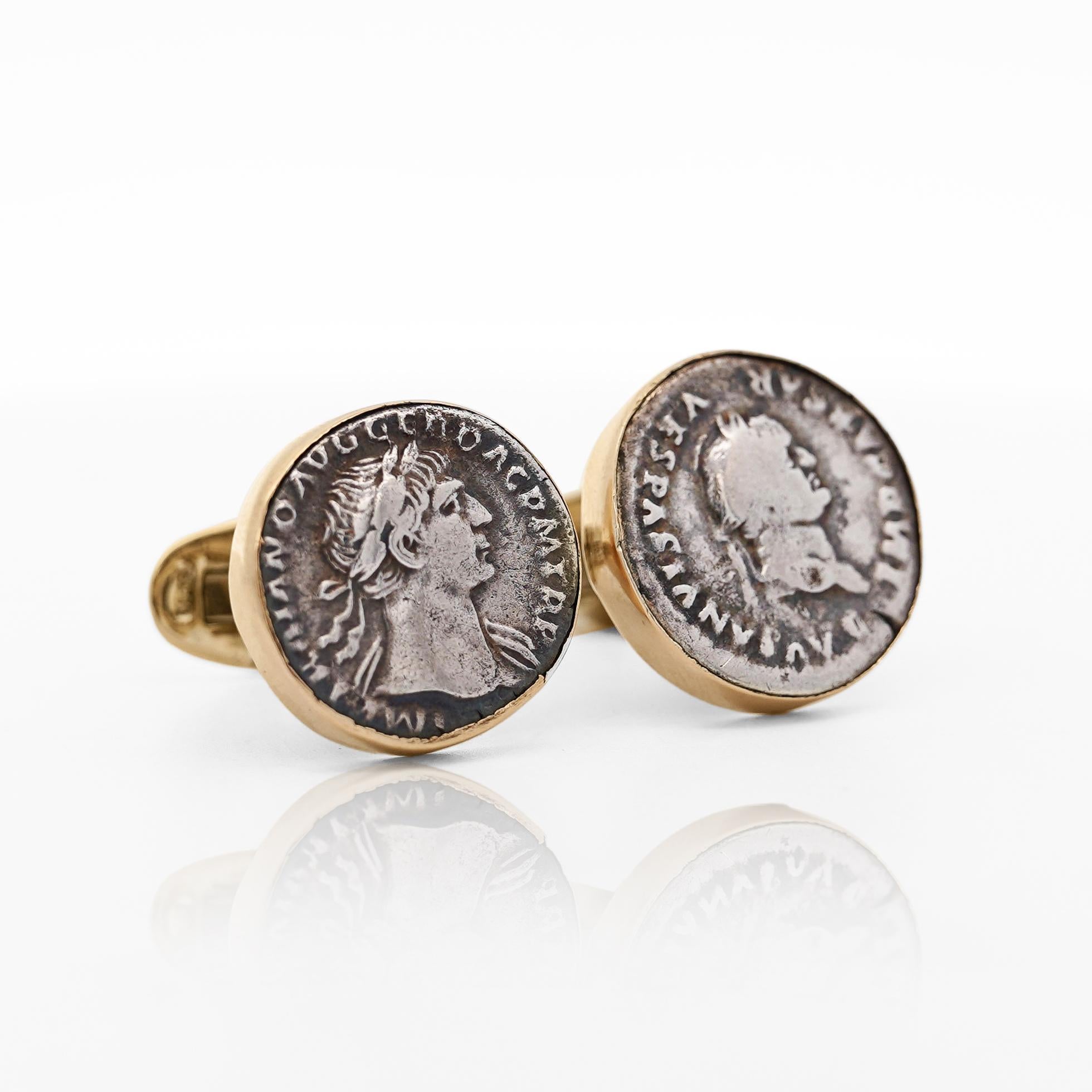 Classical Roman Ancient Roman Coin Cufflinks Of Vespasian and Maiorianus in 14k Gold Frame For Sale